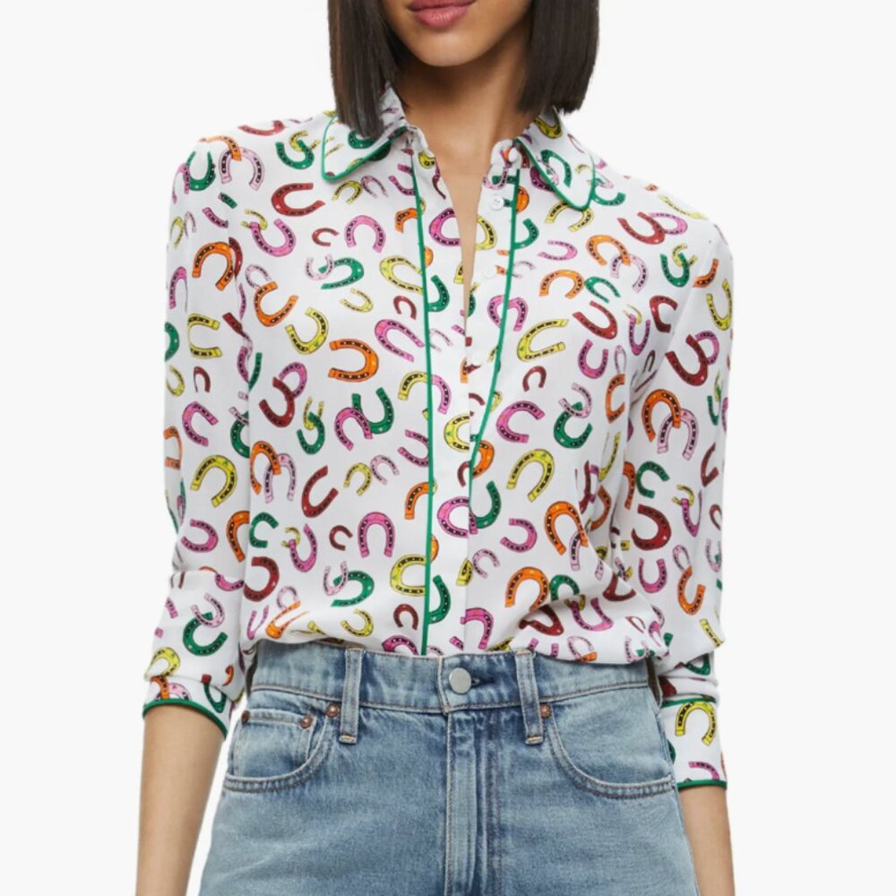 Alice + Olivia Willa Horseshoe Print Silk Button-Up Shirt